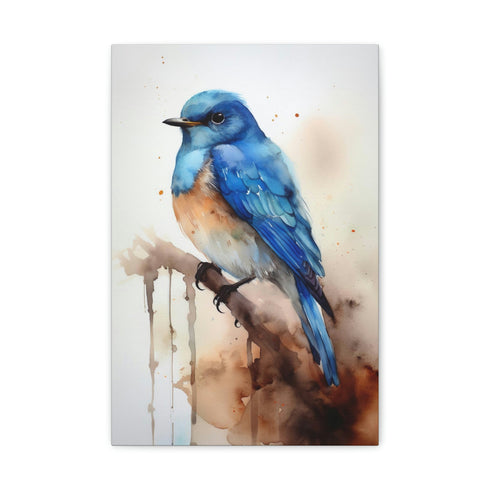 Blue bird perched on tree branch against serene sky canvas.