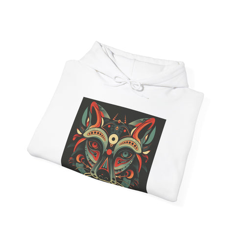 Tribal animal totem hoodie in navy with intricate patterns.