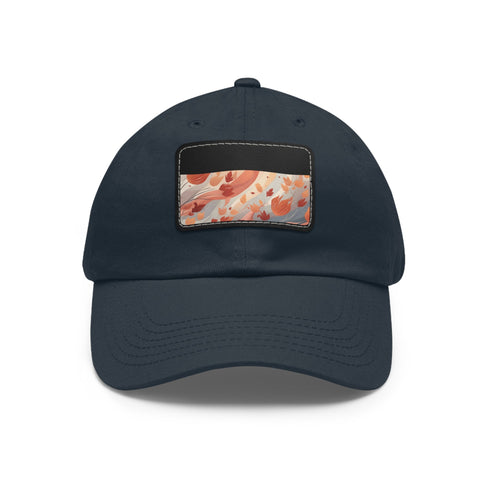 Autumn-themed white baseball cap with leaf pattern and light brown patch.