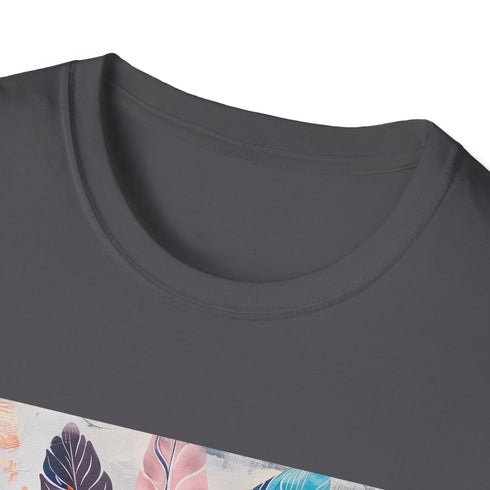 Charcoal cotton T-shirt features vibrant bohemian feather pattern for summer wear