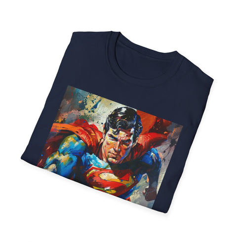 Charcoal Superman T-shirt with vibrant superhero portrait and soft brushstrokes
