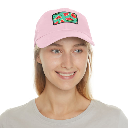 White cotton baseball cap with watermelon Hawaiian print.