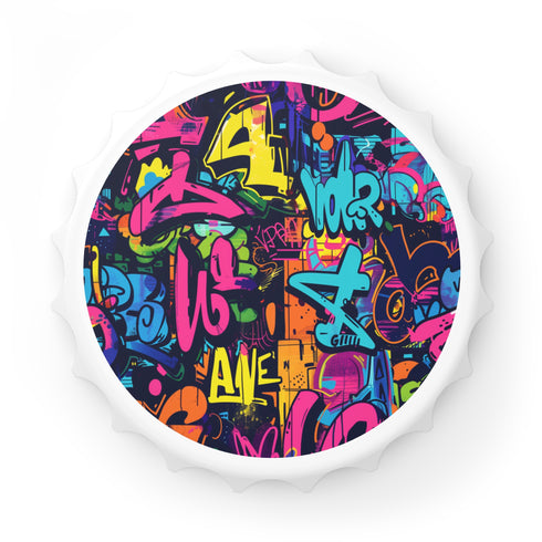 Neon graffiti bottle opener with vibrant seamless pattern, urban chic.