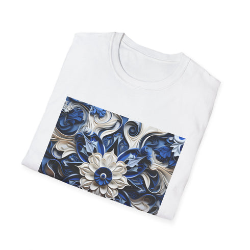 Porcelain Blue Blossom Tee, Soft Cotton Crew Neck Floral T-Shirt