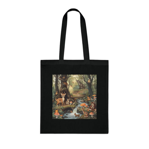 Whimsical forest creatures tote bag in black cotton.