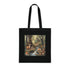 Whimsical forest creatures tote bag in black cotton.