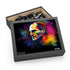 Colorful Steve Jobs watercolor puzzle, vibrant neon, 120 pieces, inspiring design.