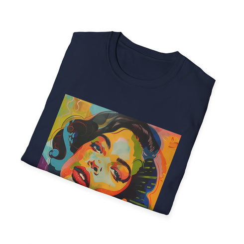 Charcoal pop art portrait T-shirt with bold colors cotton crew neck design