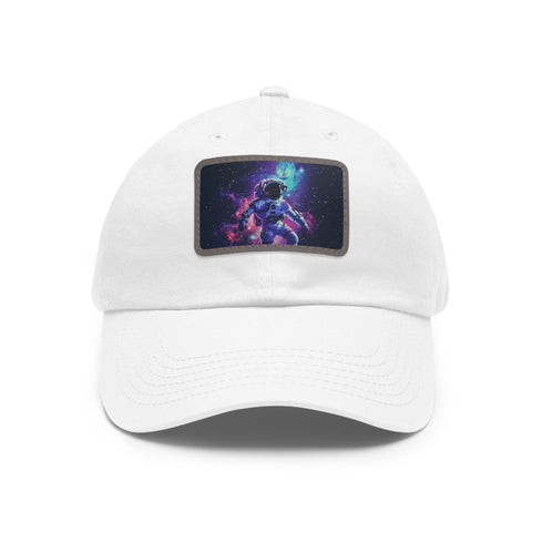 Space themed white cotton hat with light brown patch and unique design.