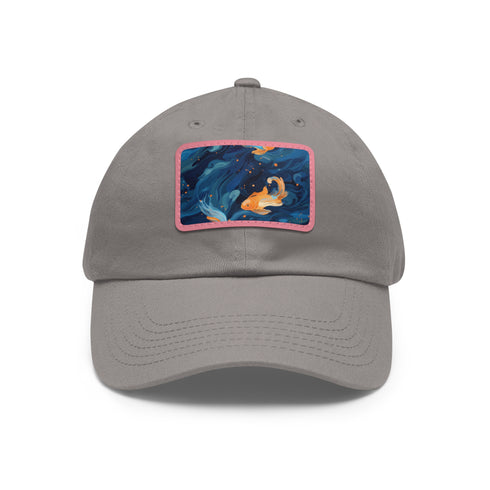 Gleaming goldfish adventure baseball cap with light brown rectangle patch.