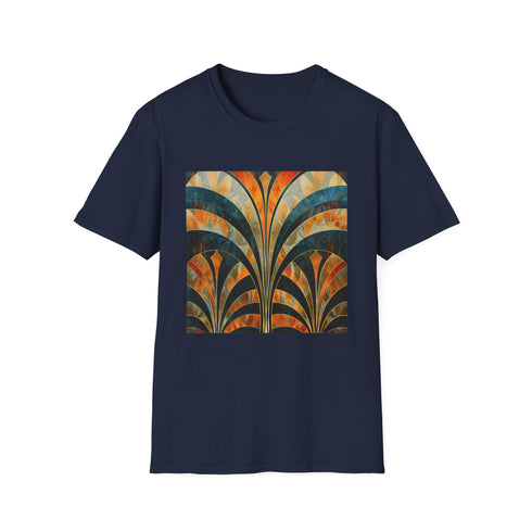 Charcoal cotton T-shirt with vibrant abstract art deco patterns