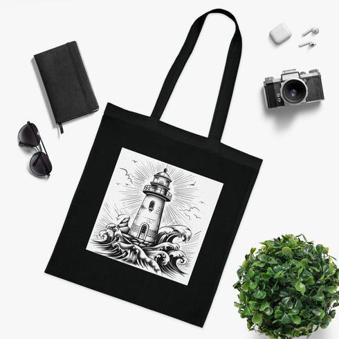 Coastal Guide Tote Bag in Black Cotton with Lighthouse Design