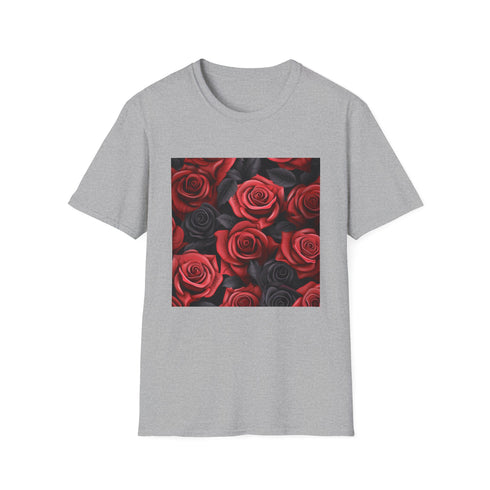 Charcoal crew neck t-shirt with crimson red rose design cotton fabric