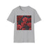 Charcoal crew neck t-shirt with crimson red rose design cotton fabric