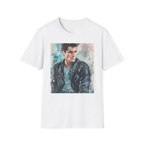 Charcoal cotton t-shirt with watercolor print of Travolta as Danny from Grease