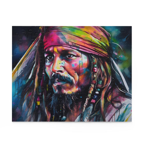 Vibrant neon Jack Sparrow pirate ship jigsaw puzzle with watercolor hues.