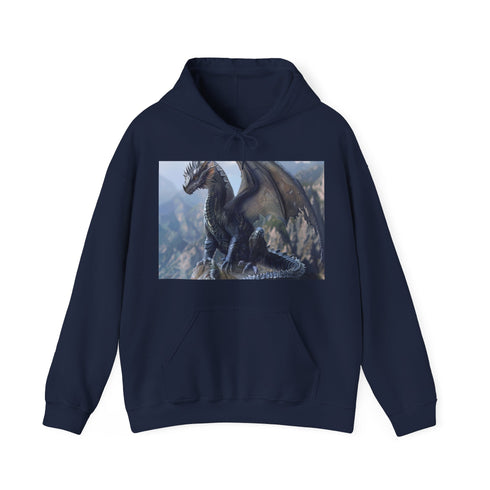 Dragon-themed navy hoodie with majestic dragon soaring over mystical landscape.