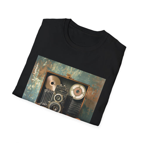 Vintage camera charcoal cotton t-shirt with scattered film reels design
