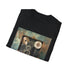 Vintage camera charcoal cotton t-shirt with scattered film reels design