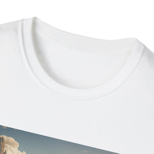 Charcoal crew neck cotton T-shirt with surreal landscape design floating clouds