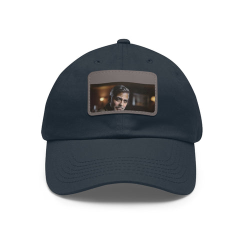 George Clooney baseball cap in white with light brown patch.