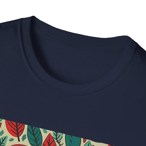 Charcoal cotton T-shirt with modern autumn leaf and grunge pattern