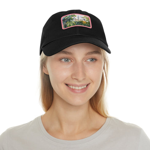 Central Park skyline watercolor baseball cap in white with brown patch.