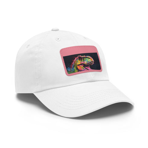 Neon watercolor dino baseball cap with light brown patch, rectangle shape.