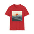 Minimalist charcoal t-shirt showcasing sunrise over mountain range.