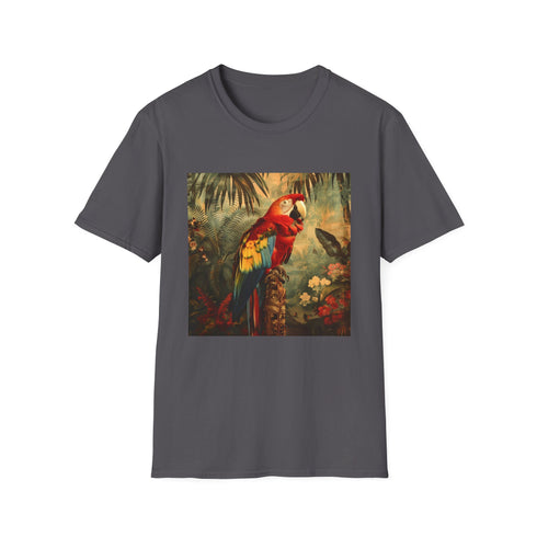 Charcoal t-shirt with colorful parrot in tropical paradise design