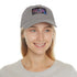 Psychedelic mushroom white trucker hat with light brown rectangle patch.