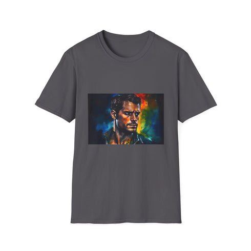Charcoal crew neck cotton T-shirt with neon watercolor design