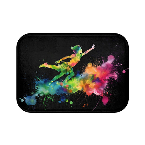 Whimsical Peter Pan inspired bath mat with vibrant watercolor design.