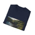 Charcoal polyester T-shirt with Maui-inspired landscape pattern and crew neck fit