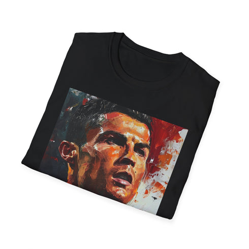 Charcoal cotton T-shirt featuring dynamic watercolor artwork of Cristiano Ronaldo
