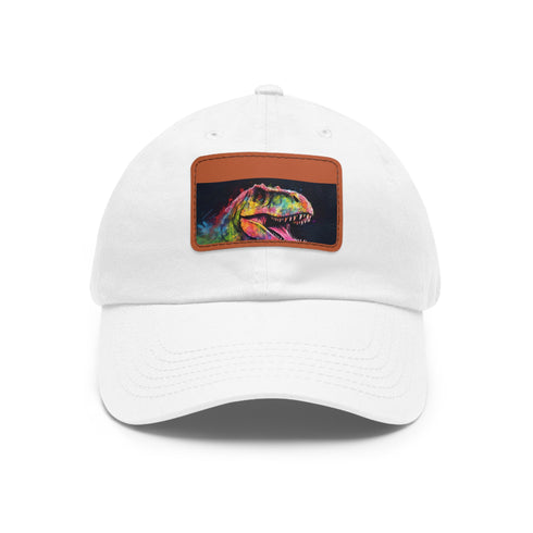Watercolor dinosaur baseball cap in neon with white patch.