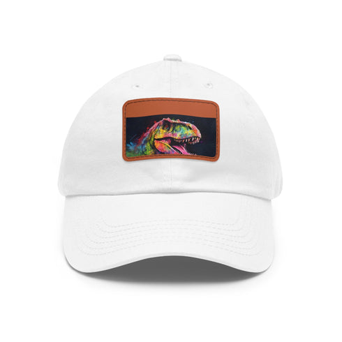 Vibrant watercolor trex cap with neon accents and light brown patch.