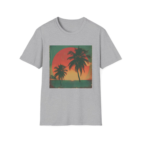 Tropical sunset palm tree t-shirt, charcoal color, crew neck, regular fit