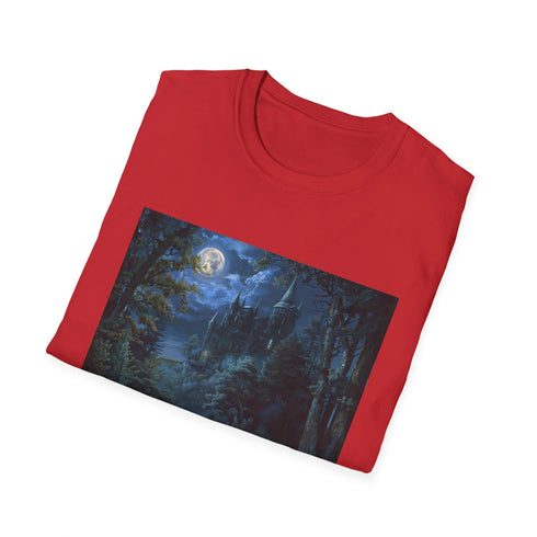 Charcoal moonlit castle graphic crew neck t-shirt evokes enchantment and mystery