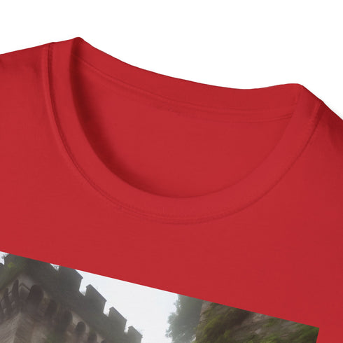 Charcoal crew neck T-shirt with vivid medieval castle design in soft cotton