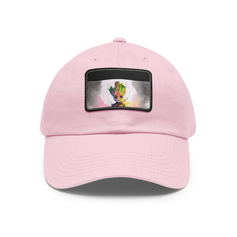Neon watercolor Baby Groot baseball cap with light brown rectangle patch.