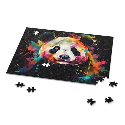 Whimsical watercolor puzzle featuring joyful panda in colorful garden.