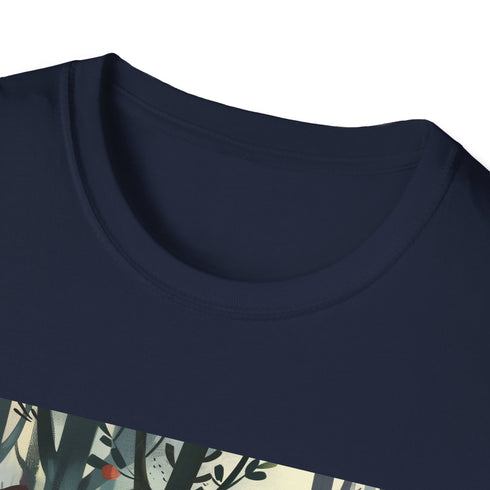 Charcoal t-shirt with woodland creatures graphic inviting an enchanting forest adventure