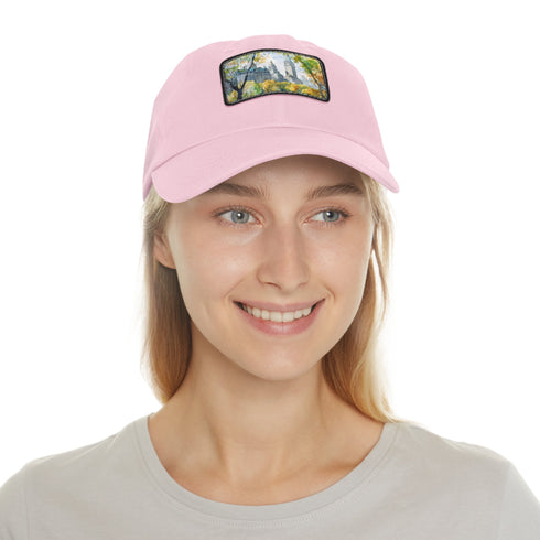 Central Park watercolor baseball cap with light brown patch.
