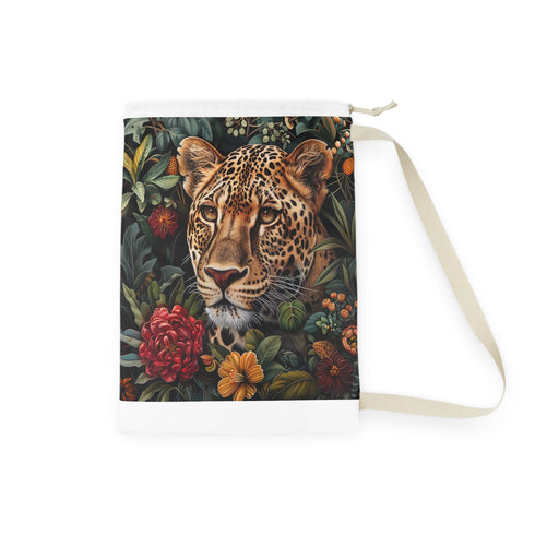 Cheetah print laundry bag with all-over wild animal design.
