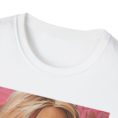 Charcoal cotton crew neck T-shirt with vibrant Barbie portrait painting
