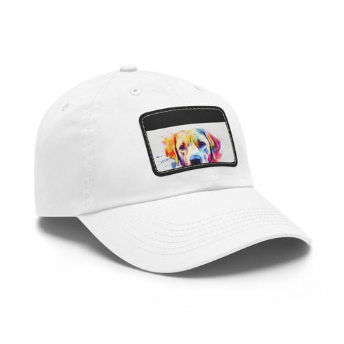 Adorable Labrador baseball cap in white with light brown rectangle patch.