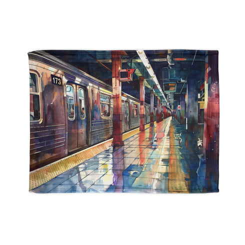 Watercolor NYC subway blanket with iconic subway cars, perfect for Mother's Day.