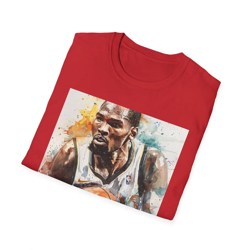 Charcoal crew neck T-shirt features vibrant Kevin Durant watercolor portrait
