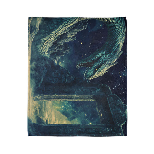 Cosmic Serpent Guarding Starlit Gate Plush Fleece Throw Blanket